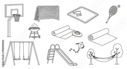 Park and Sports Equipment Line Art Set with Basketball Hoop Soccer Goal Playground Swing and Gym Mats