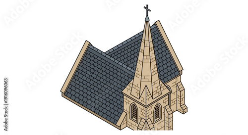 Isometric Gothic Church Roof with Stone Cathedral Spire Steeple and Steep Gabled Slate Roof