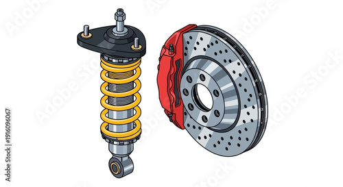 Automotive Performance Part Set with Coilover Suspension Spring and Perforated Disc Brake with Red Caliper