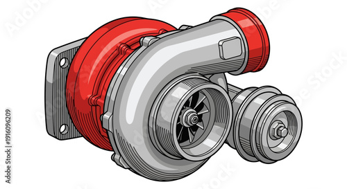 High Performance Automotive Turbocharger Component with Turbine Housing and Red Compressor Cover