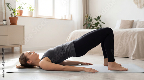 Woman performs glute bridge exercise. Home workout exercise strengthens glutes, exercise improves core in bright bedroom, for new year fitness resolution, spring fitness campaign, wellness concept