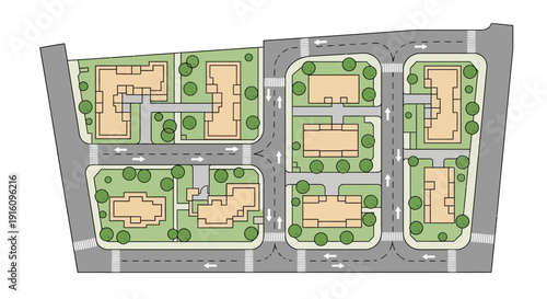 Overhead View of Residential Neighborhood Site Plan with Houses Streets and Green Spaces