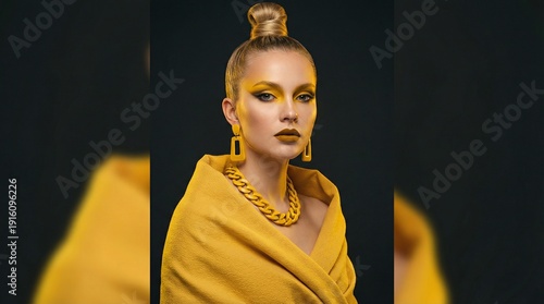 Monochrome Yellow Couture Fashion Portrait Woman, High-End Editorial Studio Style