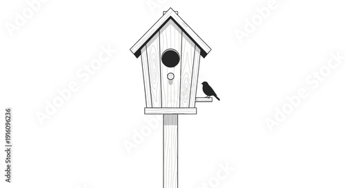 Minimalist Wooden Birdhouse Line Art Illustration with Bird Silhouette on Perch