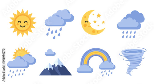 Cute Weather Icon Set with Smiling Sun Moon Rainbow Tornado and Rain Cloud Vectors