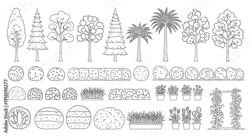 Landscape Design Architecture Symbols Set with Line Art Trees Plants and Garden Shrubs