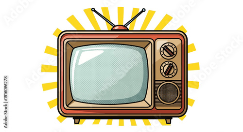Vintage Retro Television Set in Pop Art Style with Sunburst Background and Antenna