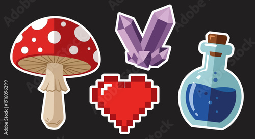 Fantasy RPG Sticker Set with Amanita Mushroom Magic Potion Crystals and Pixel Art Heart