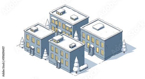 Isometric Winter City Buildings with Snow Covered Roofs and Pine Trees Illustration