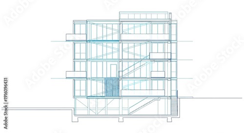 Modern Multi-Story Building Architectural Cross-Section Blueprint and Technical Elevation