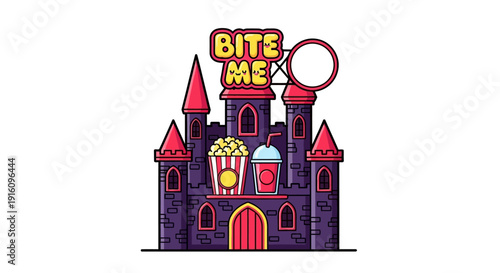 Spooky Cinema Castle Vector with Popcorn Soda and Bite Me Neon Sign Illustration