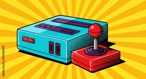 Retro Video Game Console and Joystick in Pop Art Style with Sunburst Background