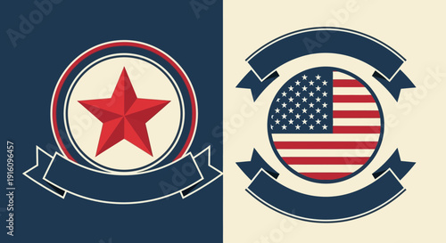 Patriotic American Emblem Set with USA Flag Star and Blank Ribbons for Independence Day