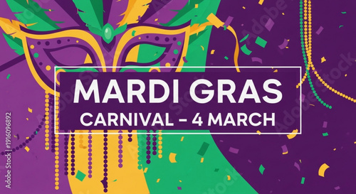 Vibrant mardi gras carnival mask with purple green gold beads and confetti on 4 march