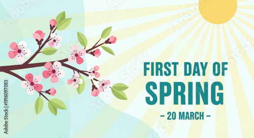 First day of spring march 20th sunny blooming cherry blossom branch