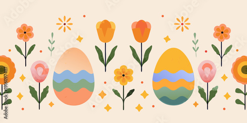 Colorful easter eggs and flower illustration in a repeating pattern