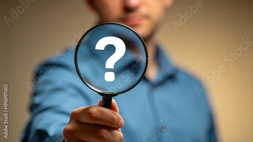 Man holding magnifying glass with question mark symbol,close up investigation and research concept with blurred background,curiosity,doubt and problem solving idea