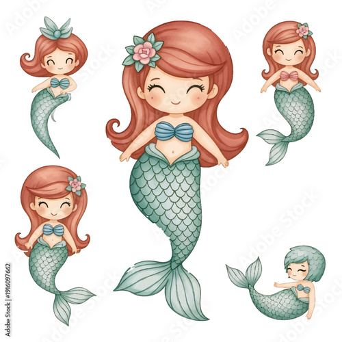 Funny cartoon fishes and girls smiling vector illustration of happy kids and family characters