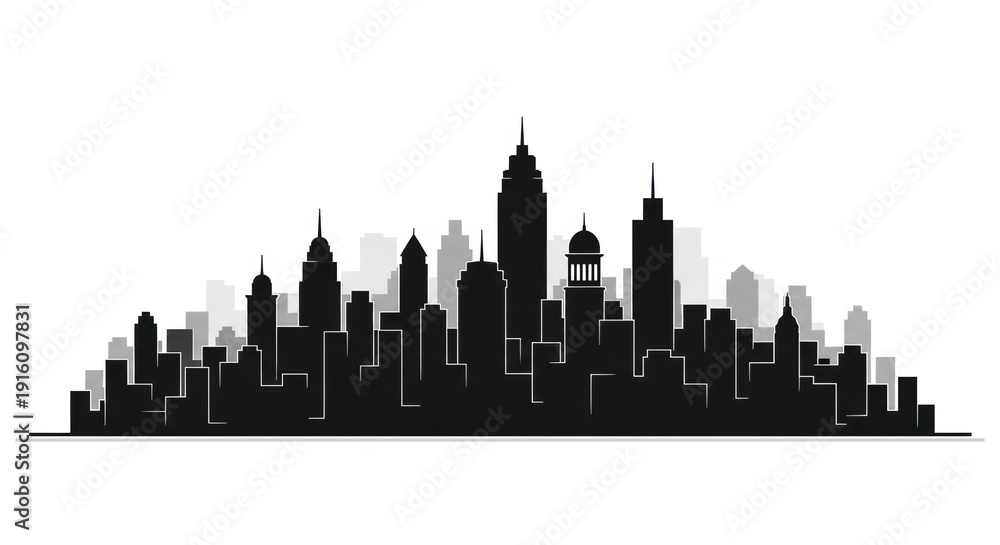Fototapeta premium Cityscape Silhouette: Modern Skyline with Diverse Buildings and Skyscrapers