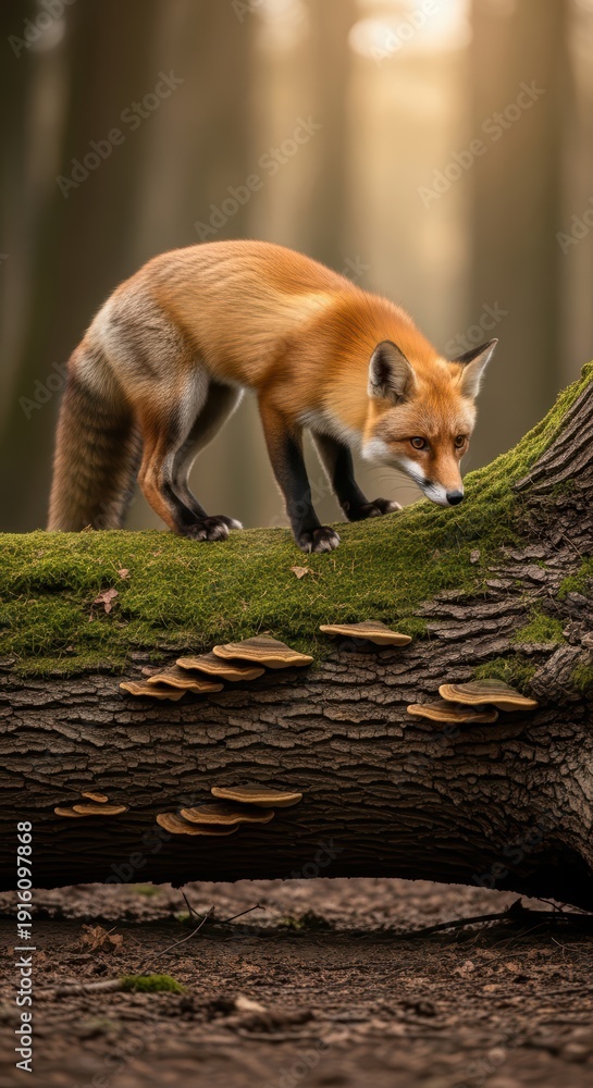Fototapeta premium Alert red fox on mossy log in sunlit forest observing the surroundings with fungi nearby in serene natural habitat setting