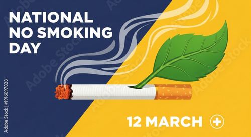 National no smoking day poster with cigarette and green leaf on blue and yellow background