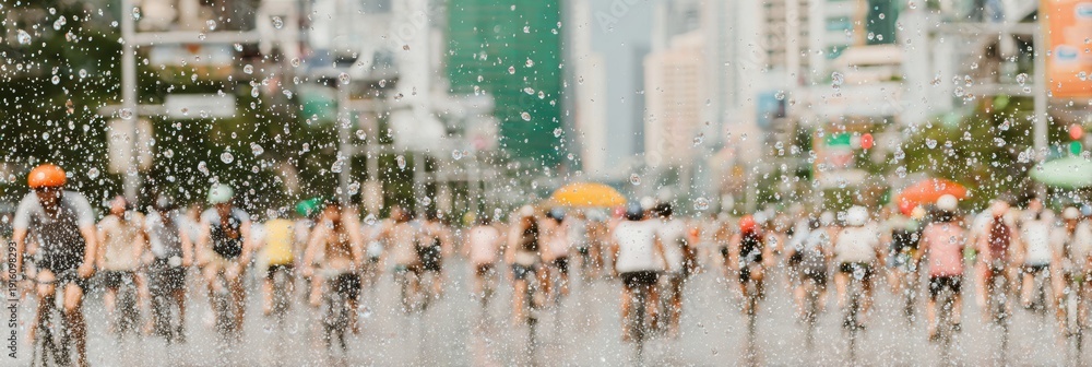 Obraz premium Crowds of People Celebrating Water Festival in Urban Streets with Splashing Water Texture and Motion Blur for Summer Travel Promotion and Event Advertising