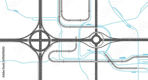Detailed architectural plan of a complex highway interchange system.