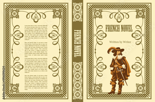 068-33-Vintage book cover art featuring a musketeer character and ornate border
