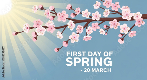Cherry blossom branch with pink flowers on a sunny blue background celebrating the first day of spring on march 20th