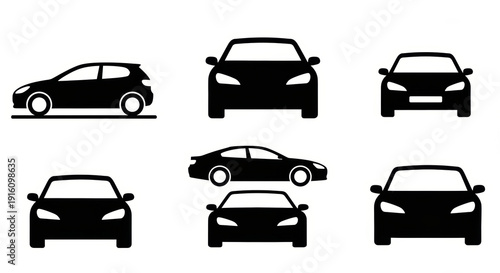 Collection of Black Car Silhouettes: Side, Front, and Rear Views