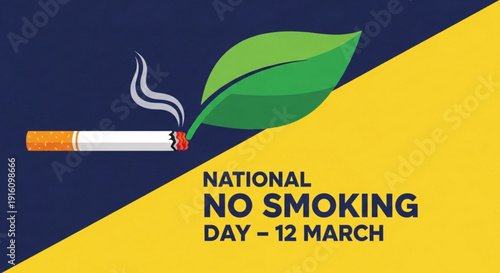 National no smoking day poster with cigarette and green leaf on yellow and blue background