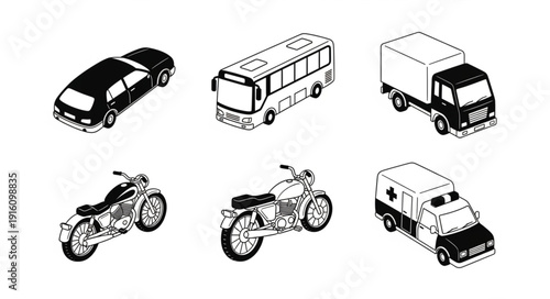 Collection of various vehicles in isometric view.