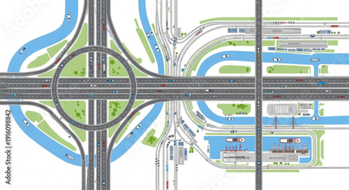 Aerial view of a complex highway interchange with multiple lanes and ramps.