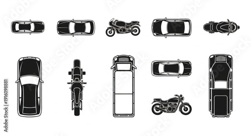 Collection of Vehicle Silhouettes Seen From Above.