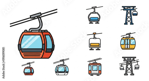 Collection of cable car icons and illustrations for transportation.