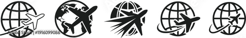 Airplane Around Globe Icon Set Travel and International Flight Silhouette Vector Illustration Collection