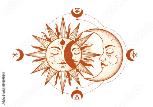 Celestial Harmony: An artistic illustration depicts the sun and moon in a tranquil embrace, interwoven with celestial symbols, radiating peace and balance.