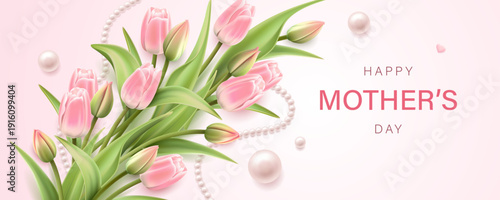 Text and a bouquet of flowers isolated on a light background. Pink Tulips. Banner for Mother's Day.
