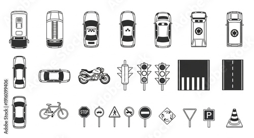 Collection of traffic signs and vehicles from a top view.