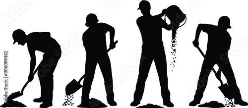 Construction worker silhouettes set, laborers digging and pouring gravel, manual outdoor work collection isolated on white