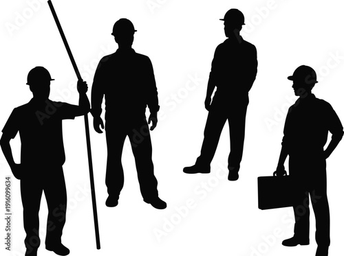 Construction worker silhouettes with tools and briefcase isolated on white background vector set