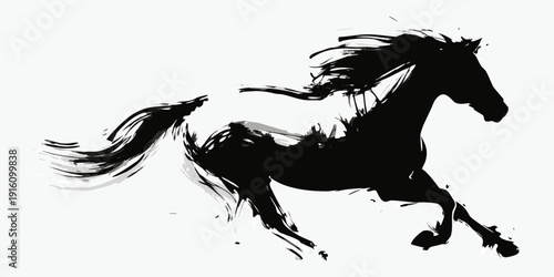 Dynamic black ink wash painting of a galloping horse in motion
