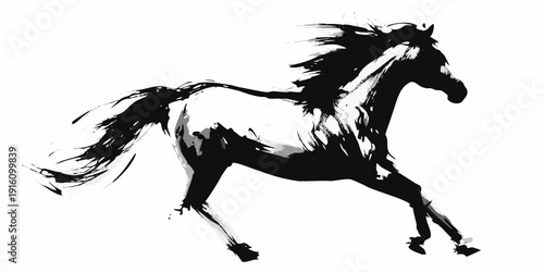Dynamic black and white ink wash painting of a galloping horse