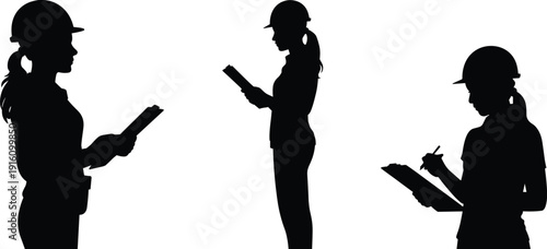 Female construction worker silhouette wearing safety helmet writing on clipboard isolated on white background industrial inspection concept