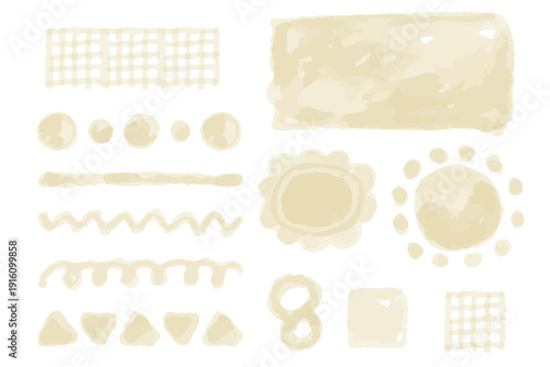 クリームイエローの水彩あしらい素材セット 8月｜Cream yellow watercolor decoration set August