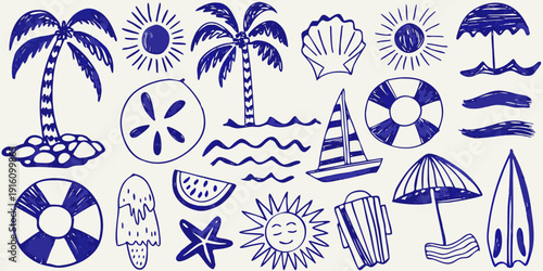 Blue and white summer doodles featuring tropical elements and beach accessories