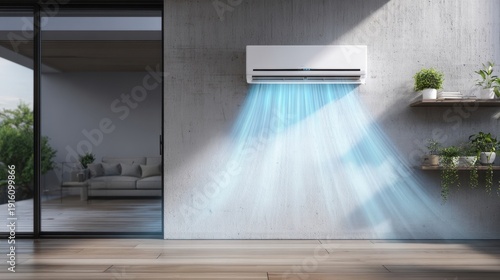 The air conditioner blowing cool blue air in a modern minimalist living room interior