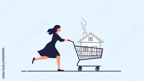 Young woman pushing shopping cart with small house inside representing real estate purchase, home ownership dream, and investment.