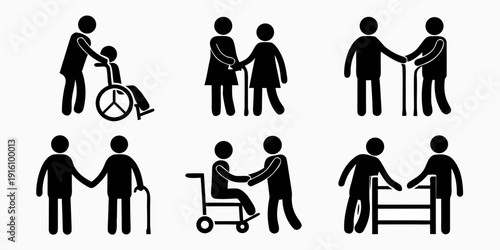 Stick figures depicting people with disabilities and assistance