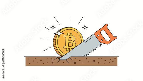 Large hand saw cutting glowing Bitcoin coin in half on the ground for cryptocurrency halving, market division, and digital value.